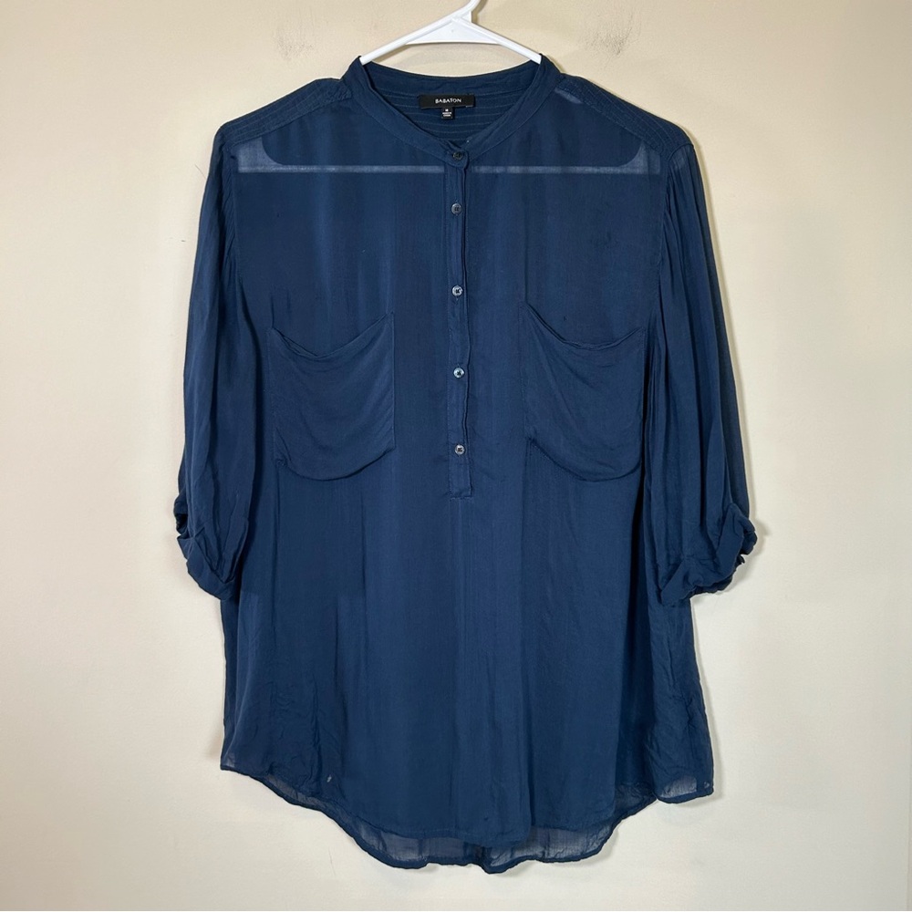 Babaton Women's Button Down Pullover Sheer Blouse Navy Medium